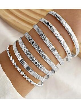 7-Piece Minimalist Silvery Plate Layered Bangle Bracelet Set-Stacking Cuffs